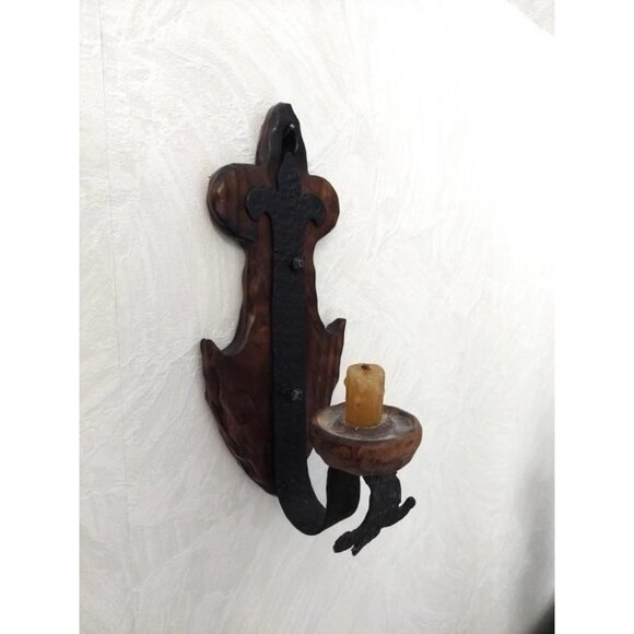 Vintage Spanish Gothic Medieval Style Iron And Wood Wall Sconce Candle Handmade - Picture 2 of 4